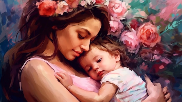 Painted image of a young mother holding her daughter in arms parenthood mother's day Generated AI