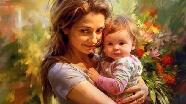 Painted image of a young mother holding her daughter in arms parenthood mother's day Generated AI