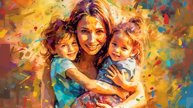 Painted image of a young mother holding her kids parenthood mother's day Generated AI