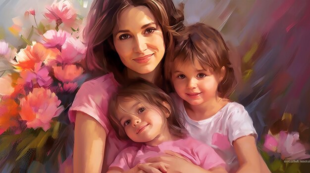 Painted image of a young mother holding her kids parenthood mother's day Generated AI