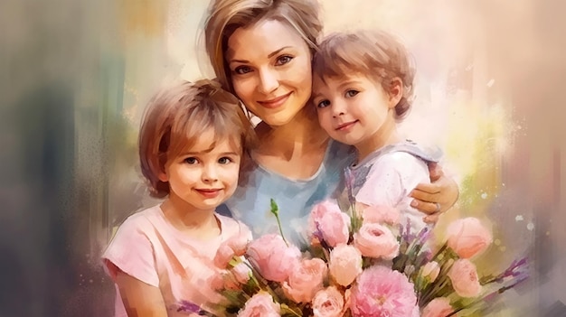 Painted image of a young mother holding her kids parenthood mother's day Generated AI