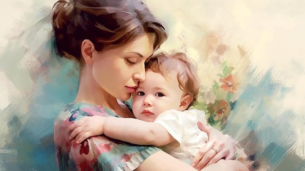 Painted image of a young mother holding her son in her arms parenthood mother's day Generated AI