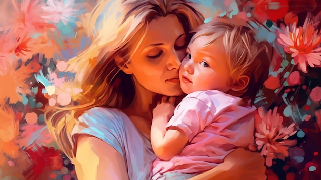 Painted image of a young mother holding her son in her arms parenthood mother's day Generated AI