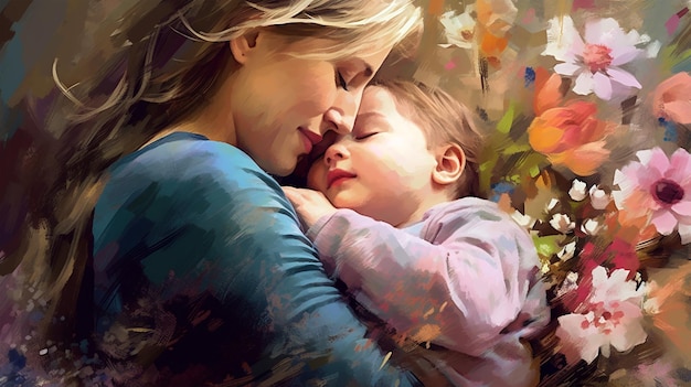 Painted image of a young mother holding her son in her arms parenthood mother's day Generated AI