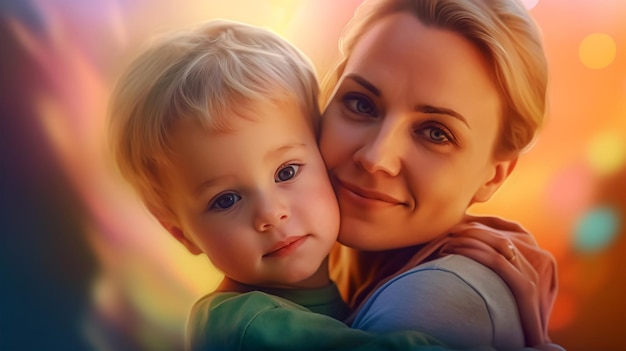 Painted image of a young mother holding her son in her arms parenthood mother's day Generated AI