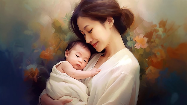 Painted image of a young mother holding her son in her arms parenthood mother's day Generated AI