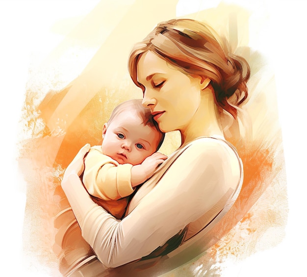 Painted image of a young mother holding her son in her arms parenthood mother's day Generated AI