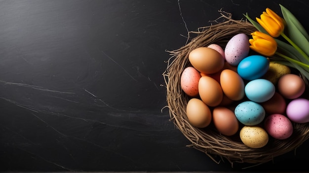 Painted multicolored eggs in a nest made of paper on a black background