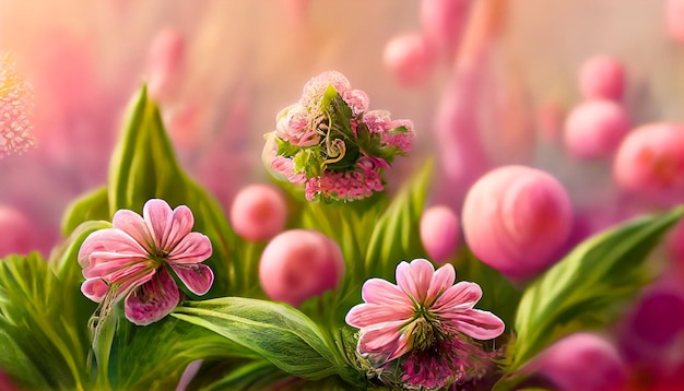 Painted pink flowers beautiful landscape