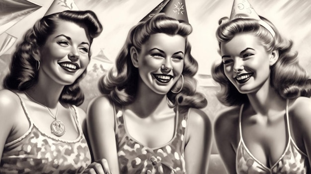 Painted portrait of 3 women retro style vintage Generated AI