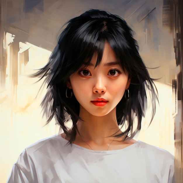 Painted portrait of a beautiful Asian girl Art portrait of a teenage girl AI generation