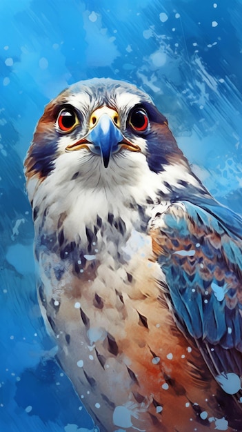 A painted portrait of a falcon Isolated on a blue background Generative AI