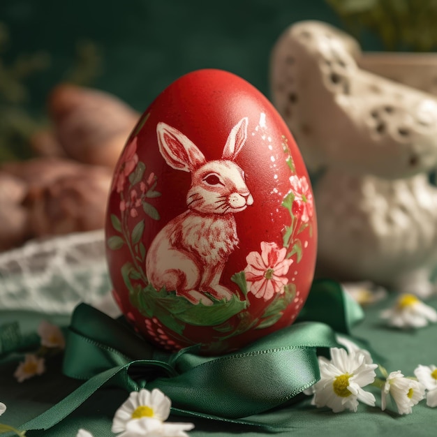 Painted red easter egg decorated with a napkin generative ai