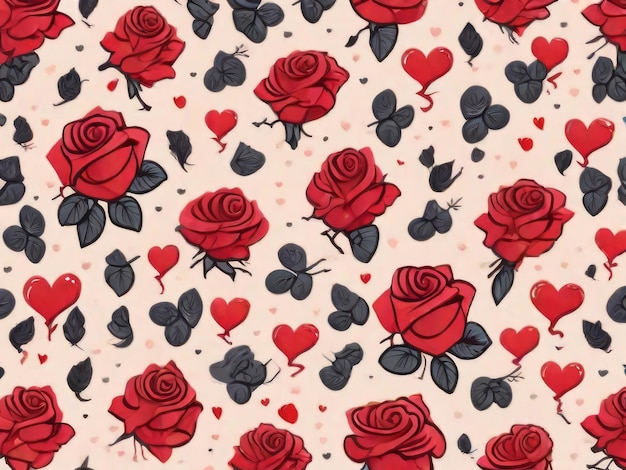 Painted roses and hearts pattern