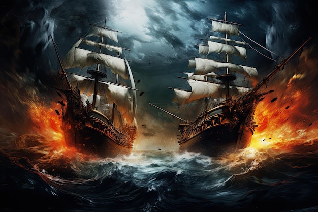 Painted sailing sheeps in storm Illustration AI GenerativexA