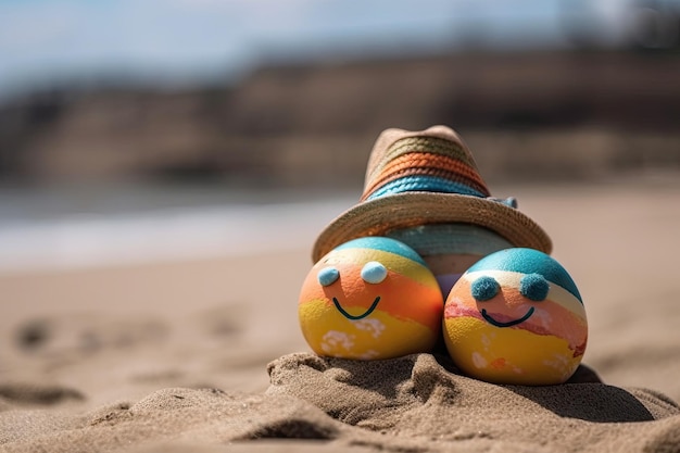 Painted shoes resting on sandy beach Generative AI