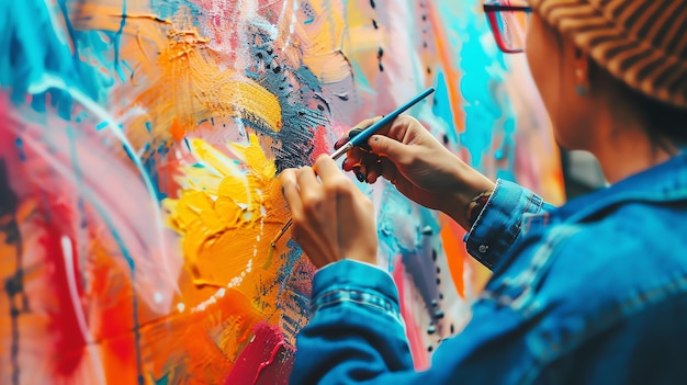 A painter in a blue shirt is working on a large abstract painting She is using a brush to add paint to the canvas