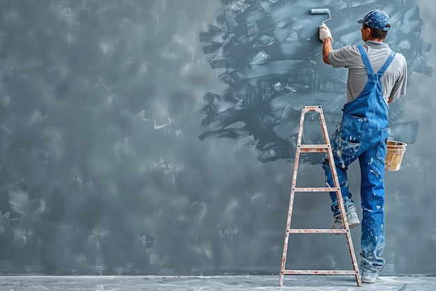 A Painter on a Ladder Working on a Wall