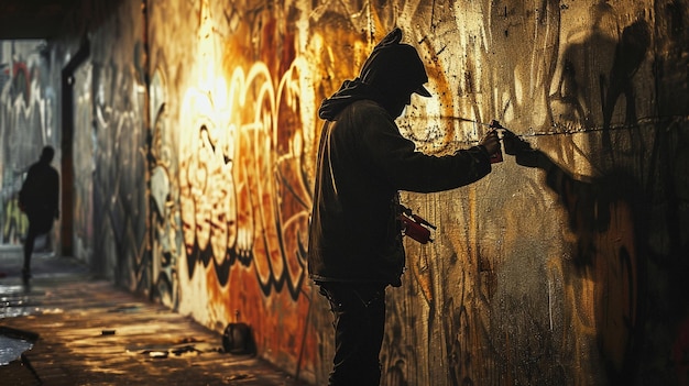 Photo painter spraying coloring paint on the wall