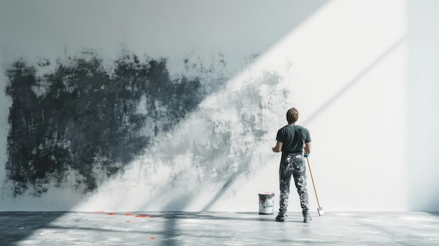 Photo painter standing in front of a wall