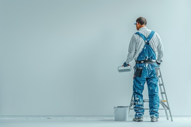 Painter Standing on a Ladder with a Roller in Hand