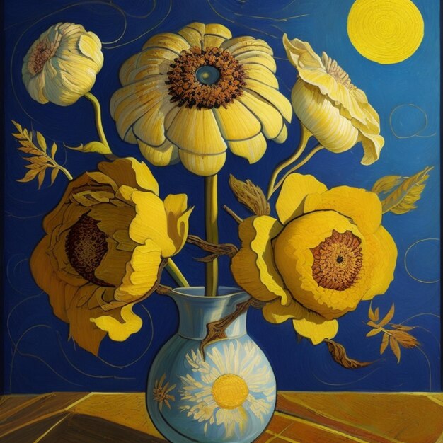 Painter Van GOGH style sunflowers in a vase