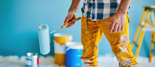 Photo painter with blue paint roller