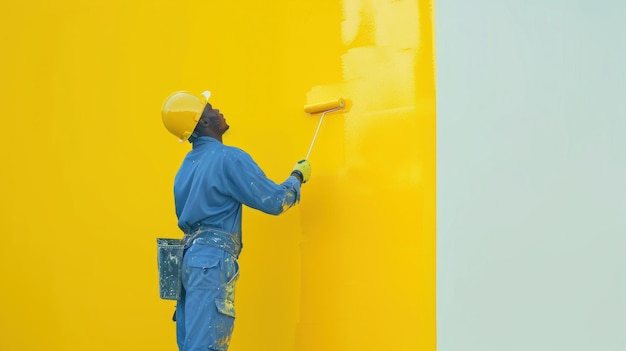 Photo painter working on a large yellow surface