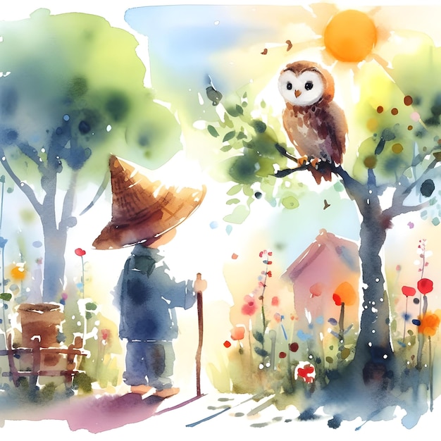 Photo a painterly childs painting in the garden talking to owl up a tree