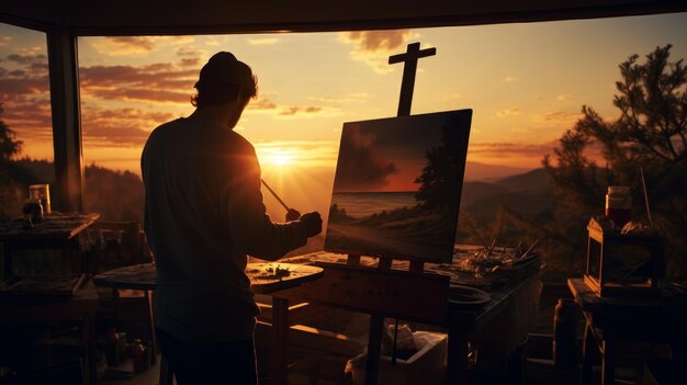 Photo painters silhouette in front of an easel brush in hand creating art in a studio lit by the setting sun