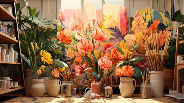 A painters studio with a large painting of flowers on the wall