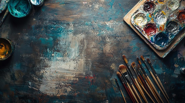 Photo a painters workspace with paintbrushes and a palette of colors perfect for a creative and artistic theme