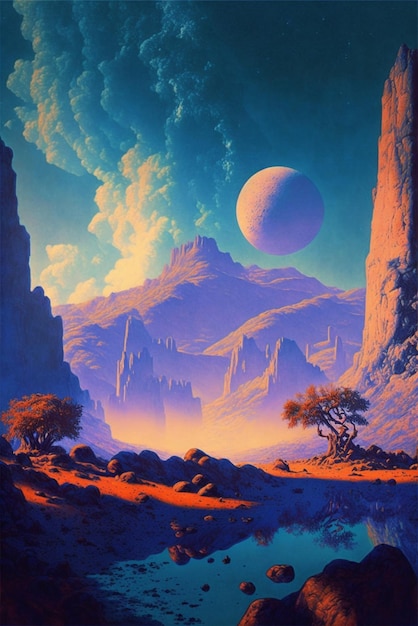 Painting of an alien landscape with a planet in the distance generative ai