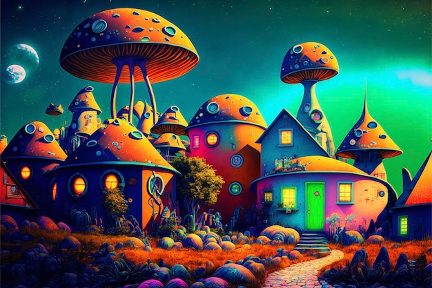 Painting of an alien village at night generative ai