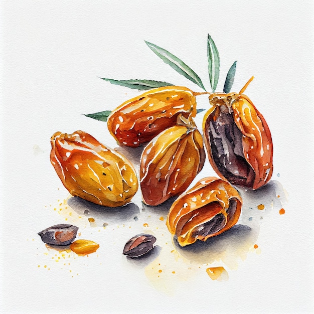 A painting of almonds and leaves that are on a table.