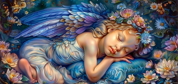 a painting of a angel sleeping with a blue angel on it