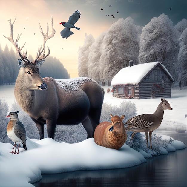 A painting of animals on a snowy surface with a barn and birds in the background.