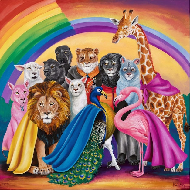 a painting of animals with a rainbow in the background