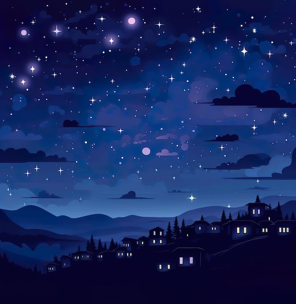 A painting animation of night sky with stars and a starry night and town under it