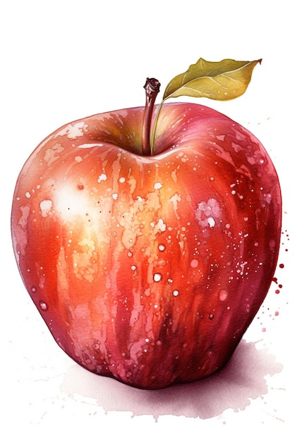 A painting of an apple with a green leaf.