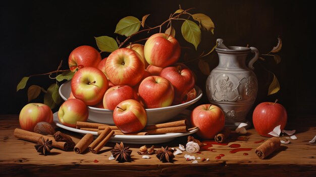 Photo a painting of apples and a vase with a white vase with a white vase and a vase with a white vase with a white vase on it