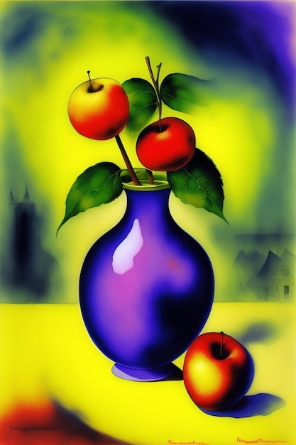 A painting of apples and a vase with a yellow background.