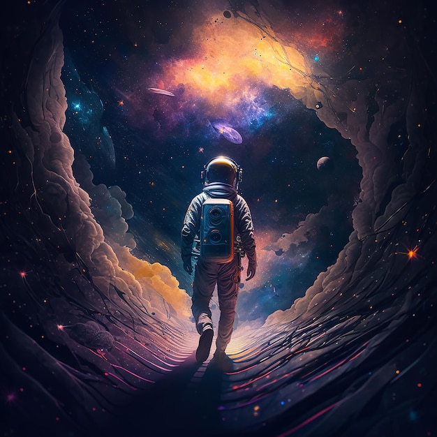 A painting of an astronaut walking down a path with the words " space " on the left side.