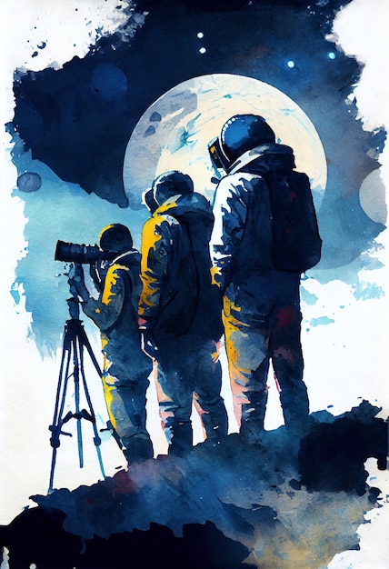 A painting of astronauts on a moonlit night.