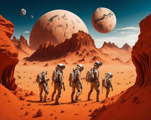 A painting of astronauts walking through a red planet with a planet in the background