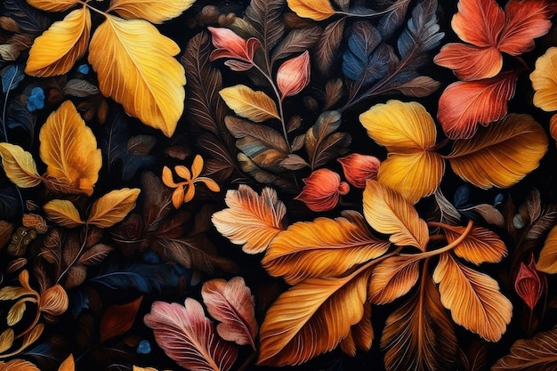 A painting of autumn leaves on a black background.