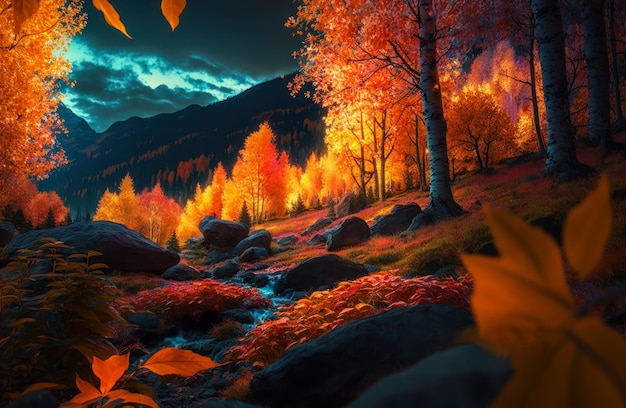 Painting of an autumn scene with trees and rocks Generative AI