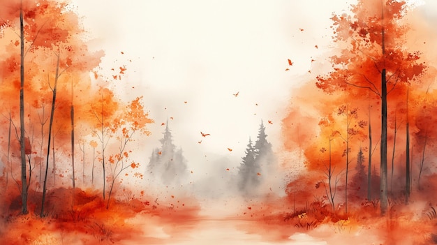 Photo a painting of autumn tree with orange leaves the leaves are spread out and background is a mix of orange and white painting has a warm and inviting mood