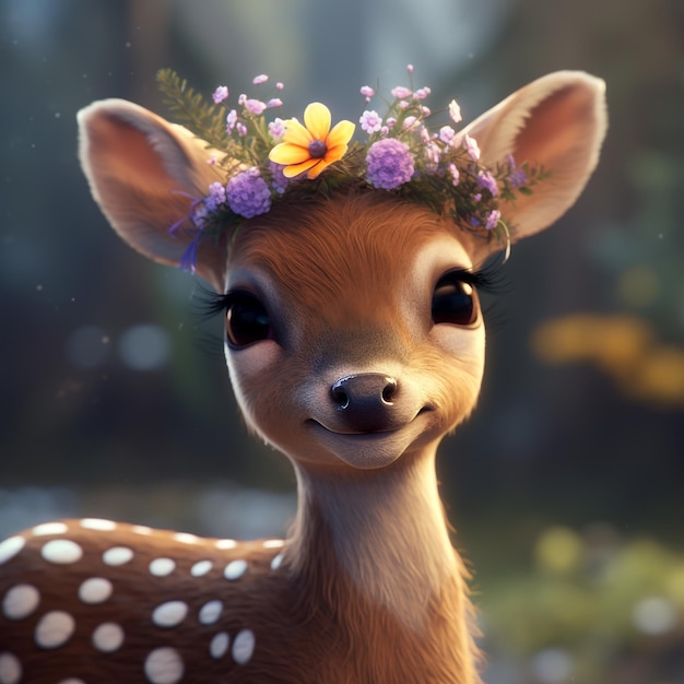 A painting of a baby deer with a flower crown on its head.