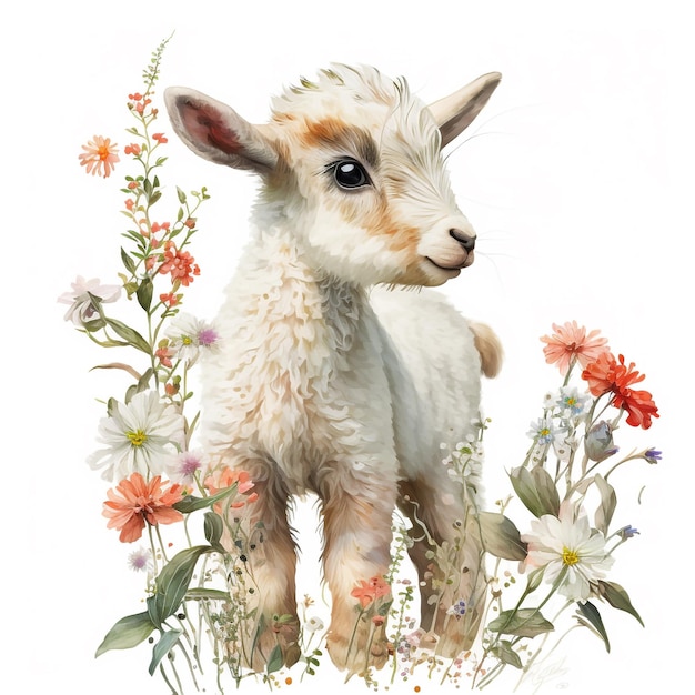 A painting of a baby goat with flowers and the word " goat " on it.